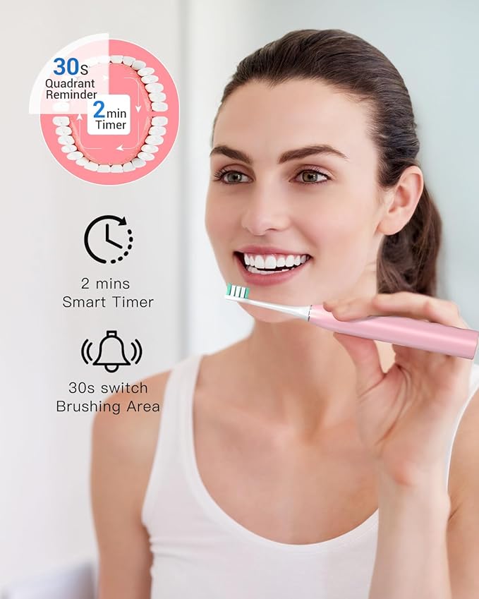 Rtauys Electric Toothbrush for Adults and Kids, Wireless Rechargeable Tooth Brush with 8 Replacement Heads, One Charge for 120 Days, 5 Modes Toothbrush with Travel Case, Pink