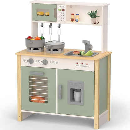 Babytronic Kids Play Kitchen, Wooden Kitchen Playset for Kids Ages 3+ with Real Lights, Sounds, Stove, Sink, Oven, and 30 Pcs Accessories, Toys Kitchen Small Pretend Play Kitchen for Toddlers (Green)