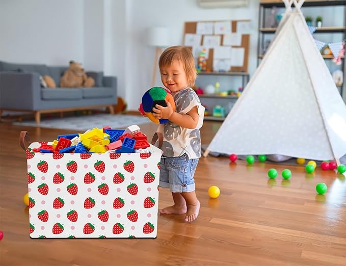 NTAOHAMPER Rectangular Storage Basket Empty, Storage Bin with Handles, Room Decor, Gift Basket, Book Box(Strawberry)