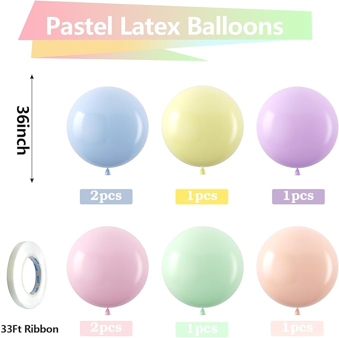 Bezente Pastel Balloons Latex Party Balloons 36 Inch - 8 Pack Jumbo Spring Macaron Balloons Large Round Latex Balloons for Birthday Bridal Shower Wedding Rainbow Party Decorations