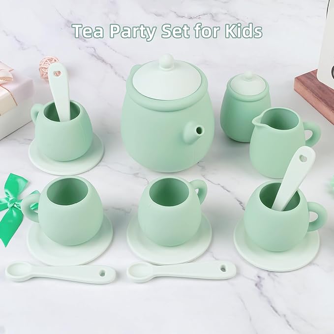 MCGMITT Silicone Tea Set, Tea Party Set for Little Girls Boys, 15 Pcs BPA Free Dishwasher Safe Pretend Tea Set for Toddlers Kids Age 3-6, Cute Toy Kitchen Accessories for Children Birthday Gifts