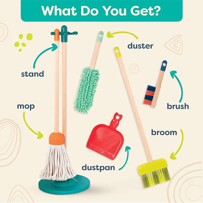 B. toys- Clean n' Play- Pretend Play Wooden Cleaning Set- Playset for Toddlers – Broom, Dustpan, Brush- 2 Years +