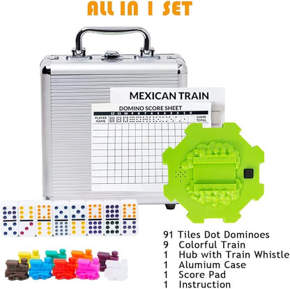 Yinlo Mexican Train Dominoes Set with Sound Effects, Mexican Train Dominoes Game for Travel, 91 Tiles Double12 Colored Dominoes Game Set with Aluminum Case