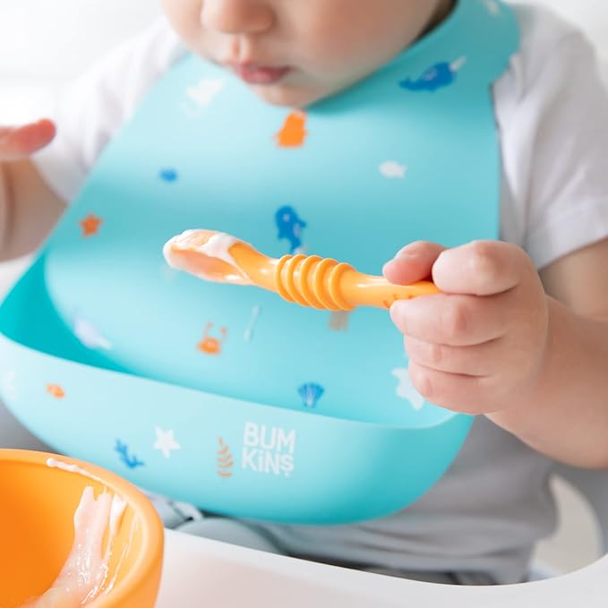 Bumkins Baby Utensil Set, Silicone Trainer Spoons for Dipping, Soft Tip, Self-Feeding, Chew, Baby Led Weaning, First Year Training Supplies, Essentials in Learning Eating, 4 Mos, 3-pk Red and Yellow