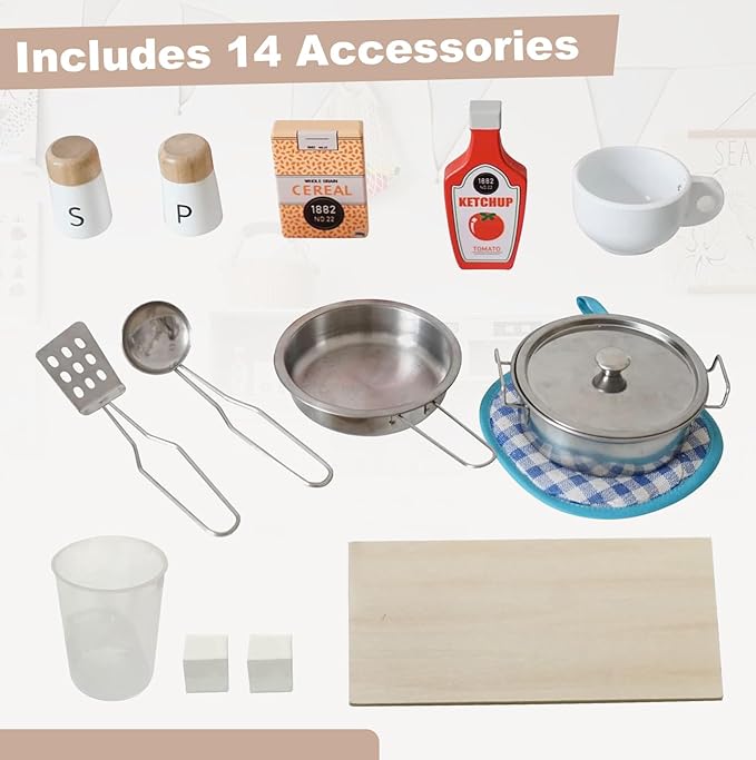 Play Kitchen for Kids Chef Pretend Wooden Kitchen Playset with Real Lights & Sounds and 14 Pcs Toddler Kitchen Accessories, Toy Kitchen Set for Boys and Girls Ages 3+