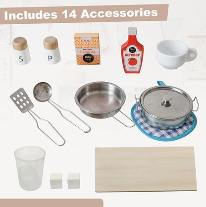 Play Kitchen for Kids Chef Pretend Wooden Kitchen Playset with Real Lights & Sounds and 14 Pcs Toddler Kitchen Accessories, Toy Kitchen Set for Boys and Girls Ages 3+