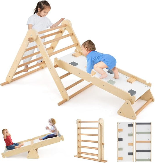 Olakids Pikler Triangle Set 7 in 1 Climbing Toys for Toddlers Foldable Baby Wood Montessori Jungle Gym with Angle Adjustable Ladder Seesaw Ramp Indoor Playground (Wood)