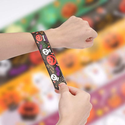CCINEE 48pcs Halloween Slap Bracelets Assorted Bulk Pumpkin Zombie Witches Snap Bracelet Wristbands for Kids Halloween Party Gift Bag Filler Supply…