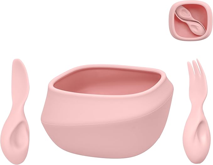 Toddler Utensils Set Ergonomic Fork and Spoon and Bowl Set Non-Slip Design for baby 12+ Month Self-Feeding Olds BPA Free Silicone Microwave and Dishwasher Safe Fine Motor Skills (Pink)