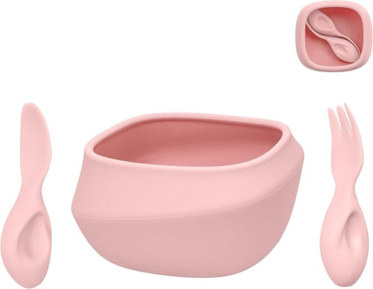 Toddler Utensils Set Ergonomic Fork and Spoon and Bowl Set Non-Slip Design for baby 12+ Month Self-Feeding Olds BPA Free Silicone Microwave and Dishwasher Safe Fine Motor Skills (Pink)