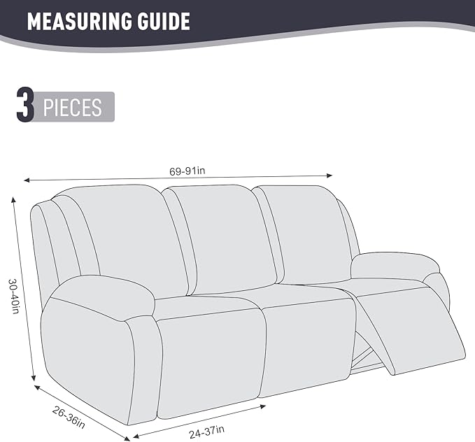 KinCam Recliner Covers, Stretch Reclining Chair Covers, Recliner Sofa Slipcovers Stripe Jacquard Recliner Couch Covers Furniture Protector Covers for Pet Kid (3 Seater, Charcoal Gray)