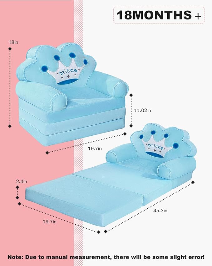 MOONBEEKI Kids Couch Fold Out, Foldable Princess Chair for Toddlers 1-3, Sofa Bed for Kids Folding Toddler Bed Lounger Chair for Bedroom, Toddler Couch Bed for Girl