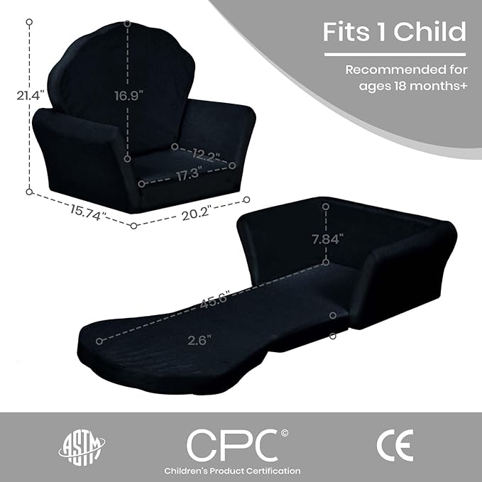 COSYLAND Kids Sofa for Toddler, 2-in-1 Folding and Expandable Soft Chair Bed Toddlers,Convertible Sofa to Lounger Sleeper Chair Bed for Girls and Boys,Black