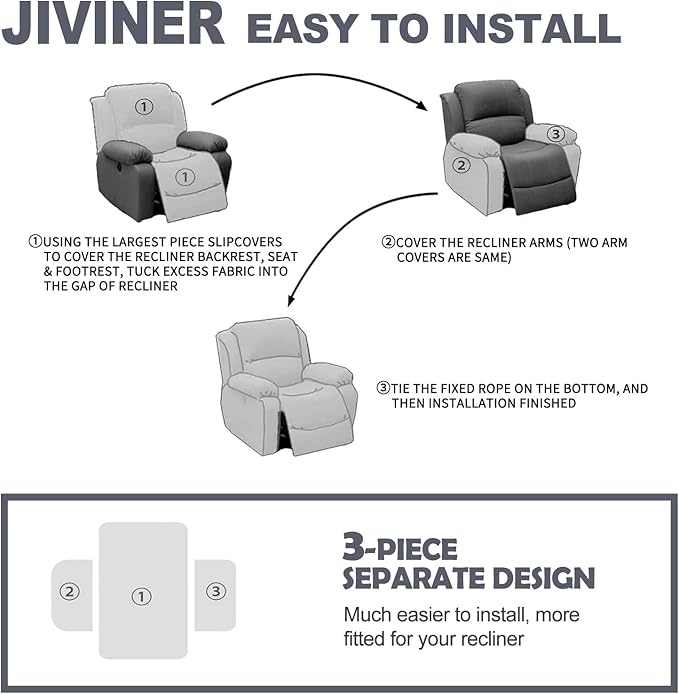 JIVINER Recliner Chair Covers 3 Pieces Lazy Boy Covers for Recliner with Pockets, Washable Reclining Slip Cover Stay in Place Stretch Sofa Furniture Protector for Kids, Pets (Recliner, Dark Gray)