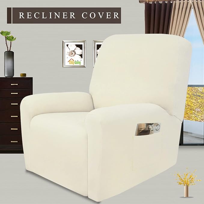 Easy-Going 4 Pieces Microfiber Stretch Recliner Slipcover – Spandex Soft Fitted Sofa Couch Cover, Washable Furniture Protector with Elastic Bottom for Kids, Pet (Recliner, Ivory)