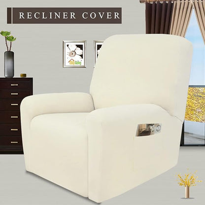 Easy-Going 4 Pieces Microfiber Stretch Recliner Slipcover – Spandex Soft Fitted Sofa Couch Cover, Washable Furniture Protector with Elastic Bottom for Kids, Pet (Recliner, Ivory)