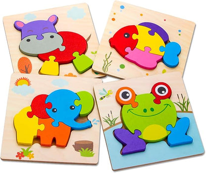 SKYFIELD Wooden Animal Toddler Puzzles for 1 2 3 Years Old Boys & Girls, Baby STEM Educational Toy Gift with 4 Animals Montessori Bright Color Shapes Learning Puzzles,Great Gift Ideas for 1-3