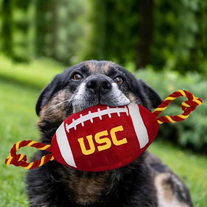 Pets First USC Football Dog Toy, Tough Quality Nylon Materials, Strong Pull Ropes, Inner Squeaker, Collegiate Team Color
