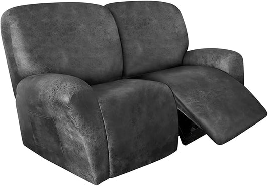 Loveseat Recliner Cover Leather Look Recliner Loveseat Covers Recliner Sofa Cover for 2 Seater Reclining Couch Spandex Fabric Washable 6 Pieces (2 Seater, 02 Light Grey)