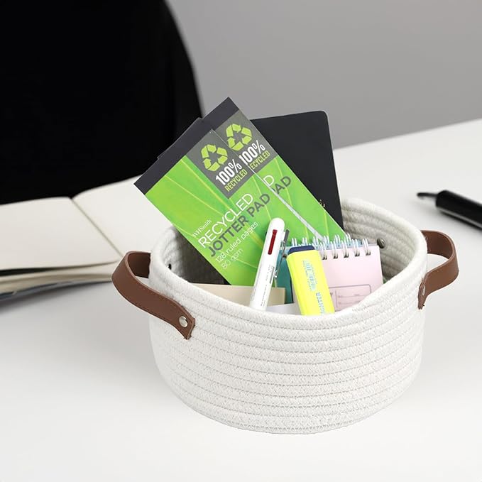 Small Woven Basket, Cute Mini Cotton Rope Storage Basket with leather handle, Tiny Decorative Round Storage Bin, Boho Empty Gift Baskets for Organizing, Toy Organizer for Nursery (Narrow handle)