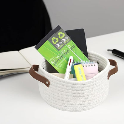 Small Woven Basket, Cute Mini Cotton Rope Storage Basket with leather handle, Tiny Decorative Round Storage Bin, Boho Empty Gift Baskets for Organizing, Toy Organizer for Nursery (Narrow handle)