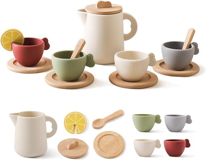 Wooden Tea Set for Little Girls, Enchanting Tea Party Set Silicone Tea Set Teapot Cups Carrying Scoop Kids Kitchen Accessories Toys Toddler Tea Set Girls Gift