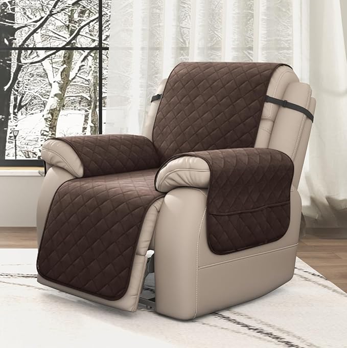 CHUN YI Recliner Chair Cover, Non-Slip Recliner Covers That Stay in Place, Washable Lazy Boy Recliner Covers with Pockets, Water Resistant Recliner Slipcover for Pets (Coffee, Small Recliner)