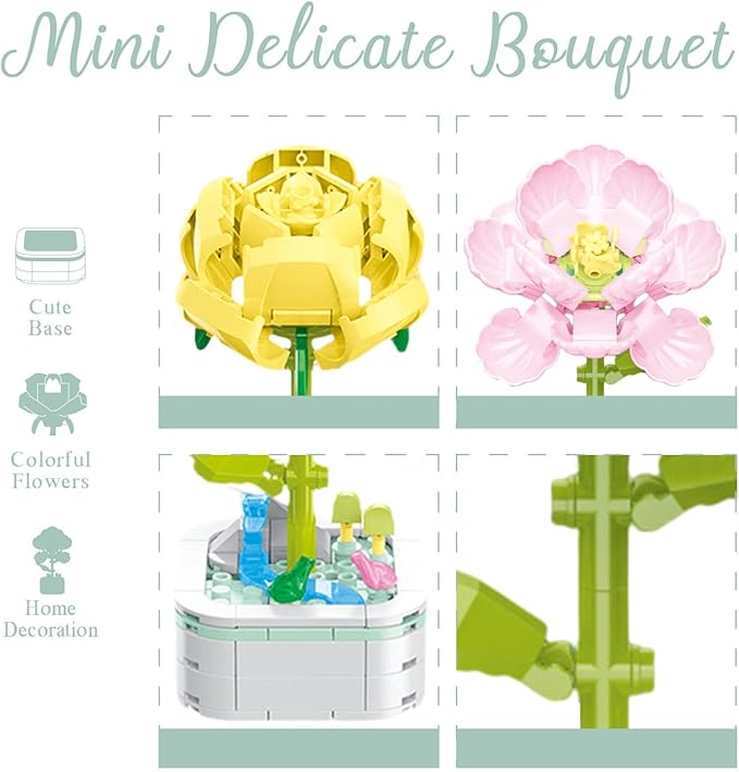 Flower Bouquet Building Set with Base, Flower Building Set Artificial Plant Flowers Building Blocks for Home Office Decor, Birthday Gifts, Desktop Trinkets Age 6+