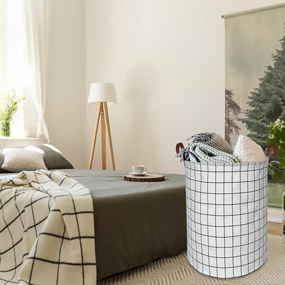 CLOCOR Collapsible Round Laundry Hamper/Large Storage Basket/Toys Bin/Boys and Girls Hamper/Room Decor (White check)
