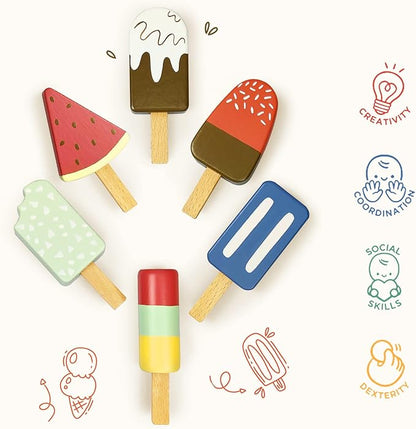12 Pieces Ice Cream Toy Set with Wooden Popsicle Ice Cream Bar Pretend Play Food Accessories for Kids Encourage Role Play and Develops Social Skills for Children 3+