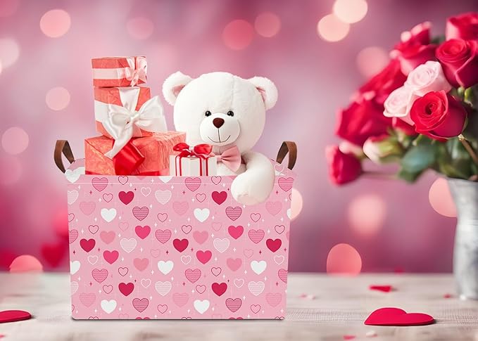 NTAOHAMPER Rectangular Storage Basket Empty,Collapsible Gift Basket with Handles,Heart Print Basket, Books Box,Room Decor(Love You Heart)