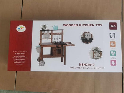 Outdoor Kitchen for Kids,Mud Kitchen Wooden Toy Playset with Wheels, Kettle, Sink, Wooden Plant Container and Kitchen Accessories, for Children Ages 3+ Years