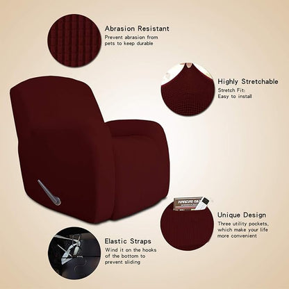 Easy-Going Oversized Recliner Stretch Sofa Slipcover Sofa Cover 1 Piece Furniture Protector Couch Soft with Elastic Bottom Kids,Polyester Spandex Jacquard Fabric Small Checks(Oversize Recliner,Wine)