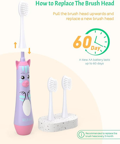 NELL&WELL Kids Electric Toothbrush, 2-Min Timer, 3 Modes with Memory, IPX 7 Waterproof, Battery Powered Kids Toothbrush with 3 Soft Bristles Heads for Children Boys and Girls Ages 3+