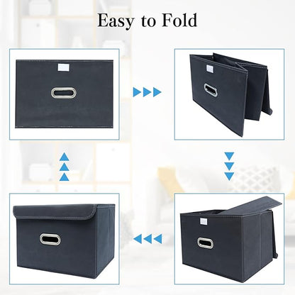 STOREONE Fabric Storage Cube Bins Foldable Organizer Container Collapsible Basket with Lids and Metal Handles, for Home, Bedroom, Closet 6 Pcs (Grey)