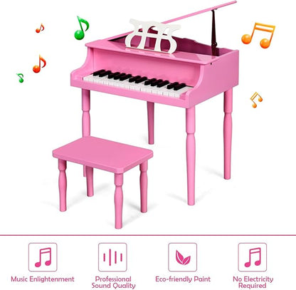 HONEY JOY Classical Kids Piano, 30-Key Mini Grand Piano with Music Stand and Bench, Wooden Musical Instrument Toy w/Lid & Music Rack, Gift for Boys Girls Ages 3+ (Pink)