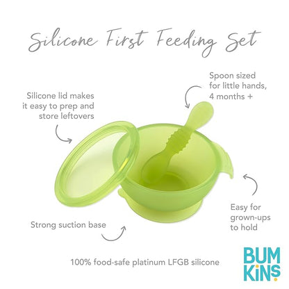 Bumkins Baby Bowl, Silicone Feeding Set with Suction for Baby and Toddler, Includes Spoon and Lid, First Feeding Set, Training Essentials for Baby Led Weaning for Babies 4 Months Up, Green Jelly