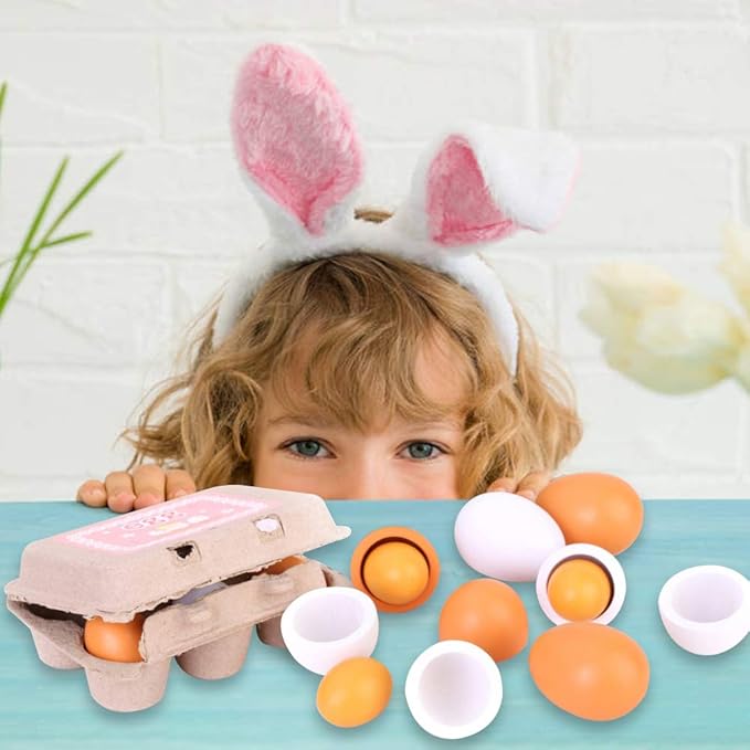 HANSGO Wooden Eggs, 6PCS Easter Egg Toys Wooden Play Food Pretend Play Food Sets for Kids Early Development, Learning, Birthday Gifts