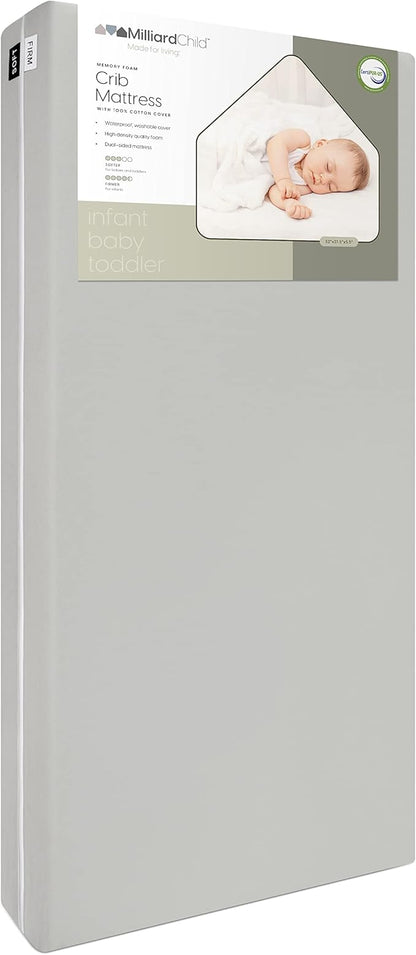 Milliard Memory Foam Crib Mattress, New Edition, Flip Technology, Firm Side for Baby and Soft Side for Toddler - 100% Cotton Cover, Made in The USA, 5.5x52x27.5 in.