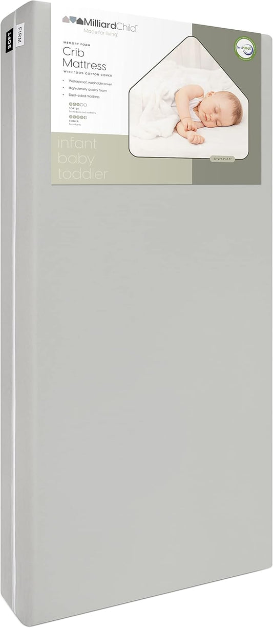 Milliard Memory Foam Crib Mattress, New Edition, Flip Technology, Firm Side for Baby and Soft Side for Toddler - 100% Cotton Cover, Made in The USA, 5.5x52x27.5 in.