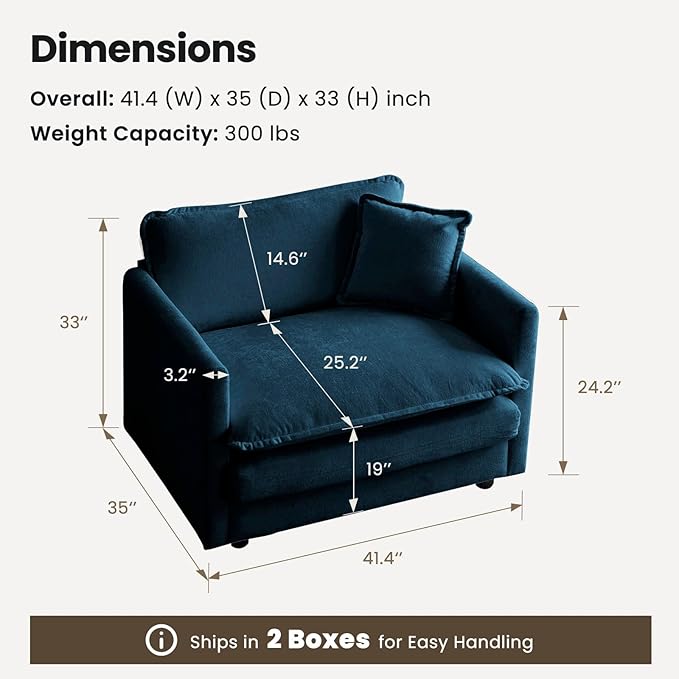 Chenille Oversized Accent Chair - 41.4”W Big Comfy Modular Cloud Chair, Cozy Armchair for Living Room, Bedroom, Kids Room, Family Room, Reading Nook, Navy Blue