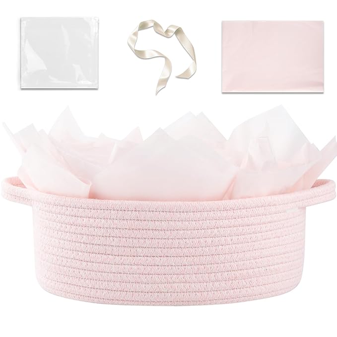 OIAHOMY Gift Basket with Handle, Small Woven Basket with Gift Bag, Ribbon and Wrap Tissue Paper, Nursery Bins Empty to Fill with Small Items, Baby, Pet Toy Organizer - Pink