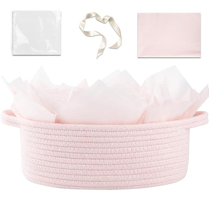 OIAHOMY Gift Basket with Handle, Small Woven Basket with Gift Bag, Ribbon and Wrap Tissue Paper, Nursery Bins Empty to Fill with Small Items, Baby, Pet Toy Organizer - Pink