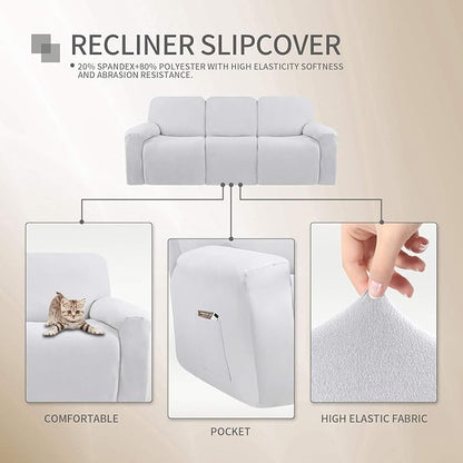 Easy-Going 8 Pieces Microfiber Stretch Sectional Recliner Sofa Slipcover Soft Fitted Fleece 3 Seats Couch Cover Washable Furniture Protector with Elasticity for Kids Pet(Recliner Sofa, Snow White)