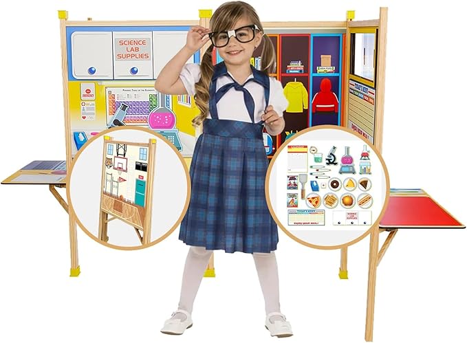 School Set - Large Kids School Pretend Play Set for Toddlers Ages 3+ Years –Wooden Toy Playset Folds Away for Easy Storage with 20 Fun & Interactive Pieces