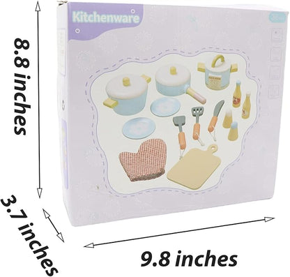 Play Kitchen Accessories, Wooden Play Set Cooking Toys, 17 Pieces Play Cookware Pots and Pans Set, Cooking Simulation Montessori Educational Toys, Christmas Birthday Gifts for Kids Girls Boys 3-7