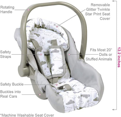 Adora Baby Doll Car Seat Carrier, with Removable Seat Cover - Machine Washable, Fits Most Dolls & Plush Animals Up to 20”, Birthday Gift for Children Ages 2+ - Twinkle Stars (Gray Handle)