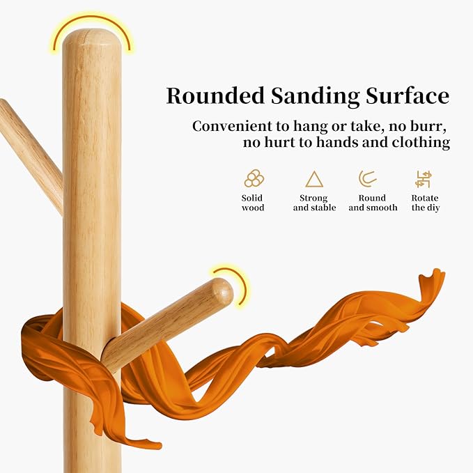 Wooden Coat Rack, Free Standing Coat Stand with 8 Hooks and 3 Height Options, Sturdy Kids Coat Tree Easy to Assemble, for Entryway Home Office Jackets Hat Purse Natural YD-1010