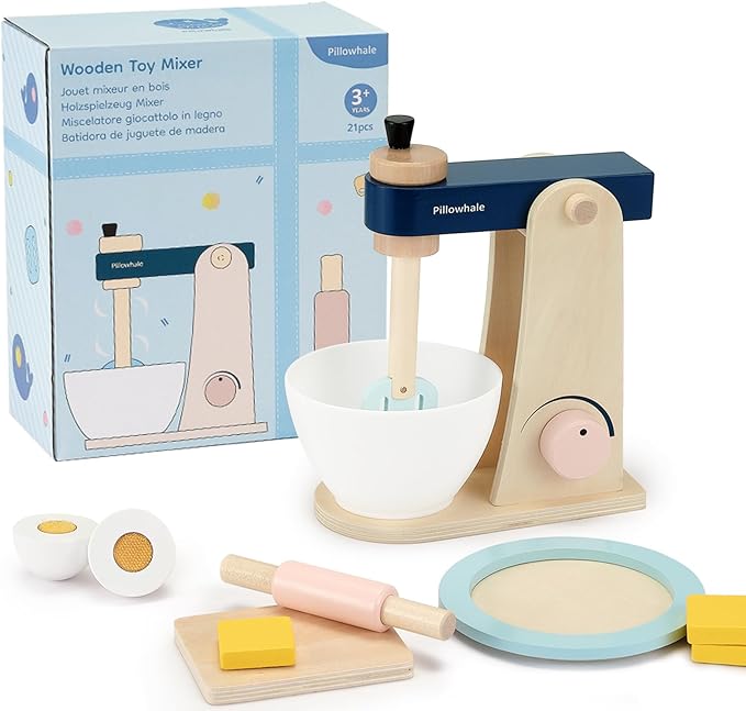 Kids Kitchen Playset, Wooden Toy Mixer with Toy Food, Toddler Baking Set Stand Mixer, Pretend Play Toy Blender for Boys and Girls Ages 3+