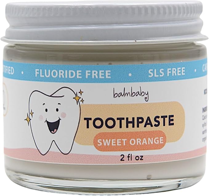 Kids All Natural Fluoride Free Toothpaste by Balm Baby Brand – SLS Free Toothpaste with Xylitol, Vegan, Gluten Free, BPA Free, Glass Jar Zero Waste Children’s Teeth Paste (Orange)